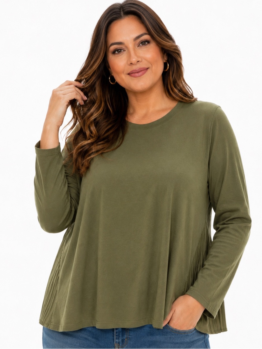 LOGO Lori Goldstein Model XL Olive Cotton Modal Blend Pleated Side Panel Top
